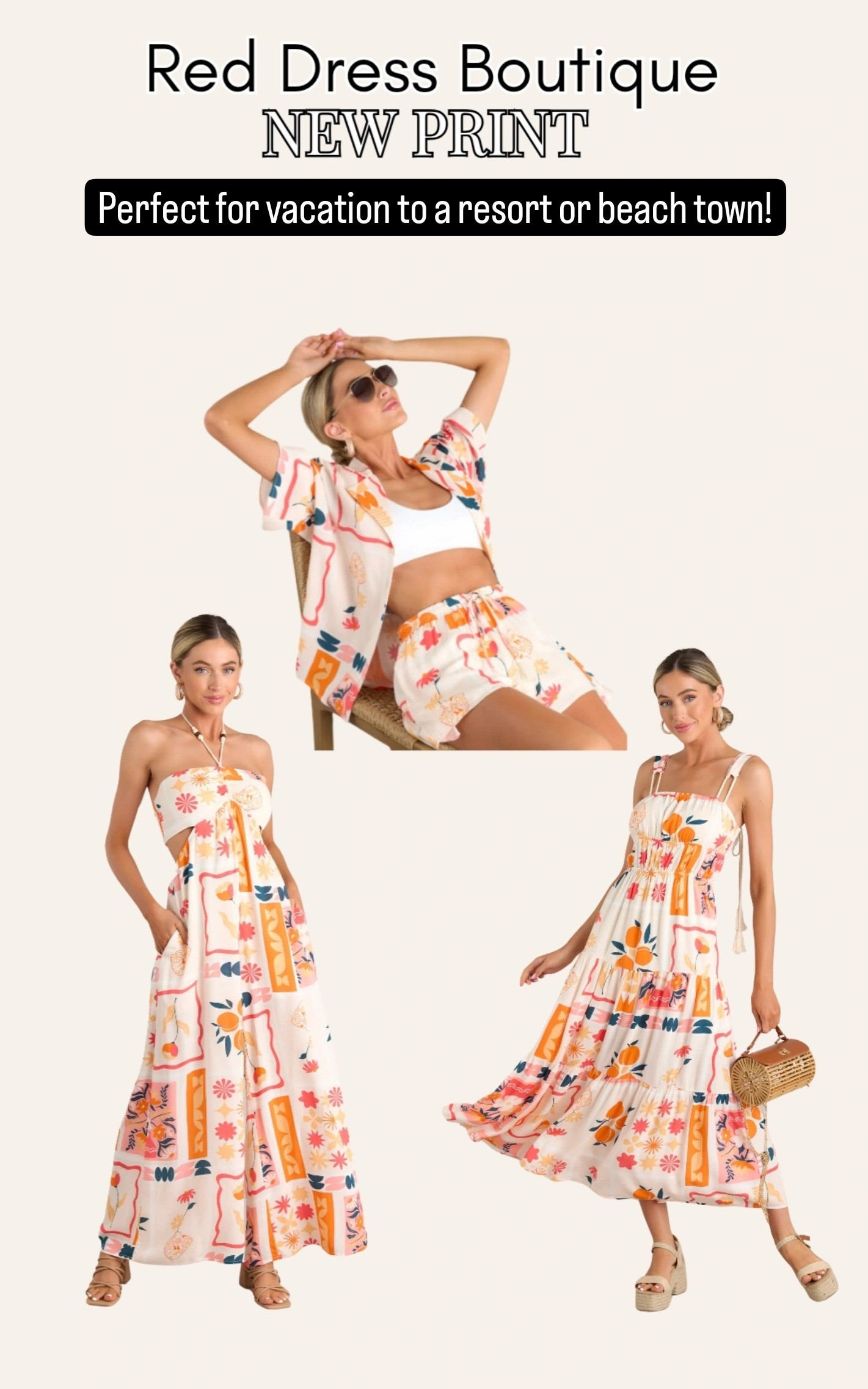 New fruity floral print for summer! Great for a tropical vacation, Mexico, the beach, etc. Matching shirt and shorts, halter top cutout dress, flowy midi maxi dress. Citrus print.

#LTKfindsunder100 #LTKtravel #LTKSeasonal