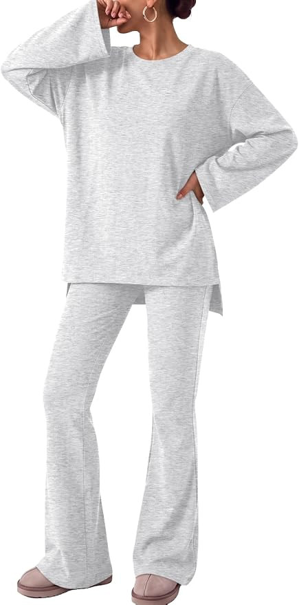 EFAN Women's 2 Piece Long Sleeve Oversized Shirt Flared Pants Lounge Set | Amazon (US)