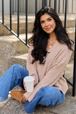 Mckenzie Taupe Open Knit V-Neck Sweater DOORBUSTER | Pink Lily