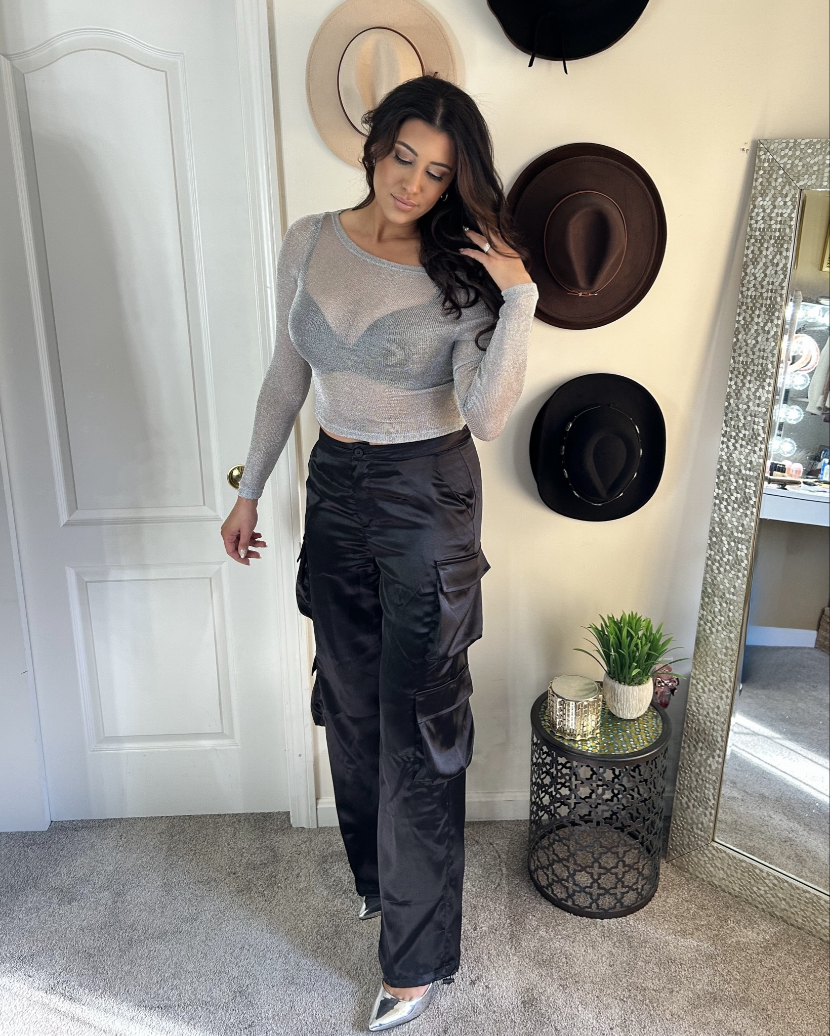 Black Satin Cargos w. Metallic mesh long sleeve. 🖤

#LTKootd #LTKCyberWeek #LTKTall