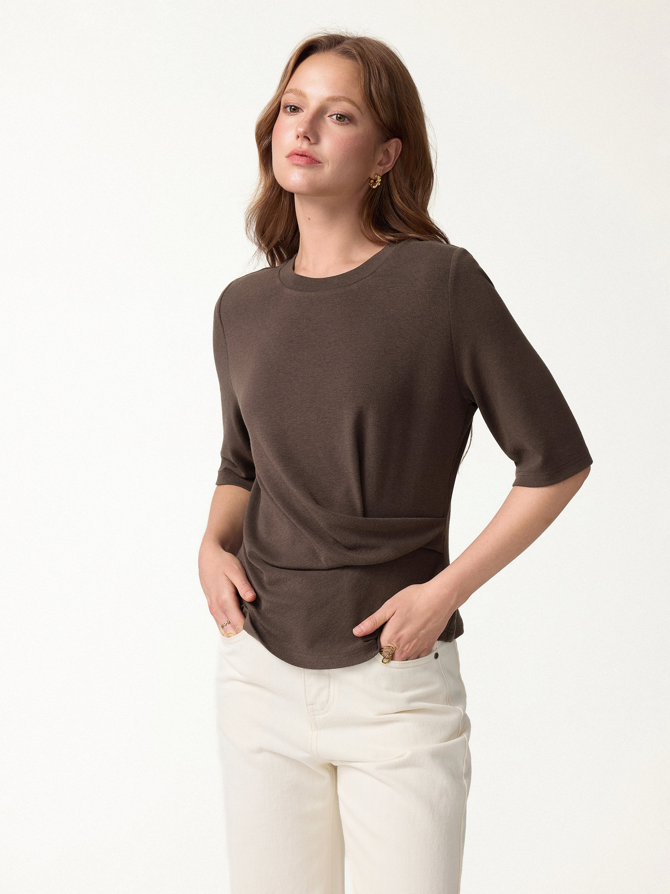 Eco-Mousse® Round Neck Elbow Sleeve Side-Tuck Top | OGLmove