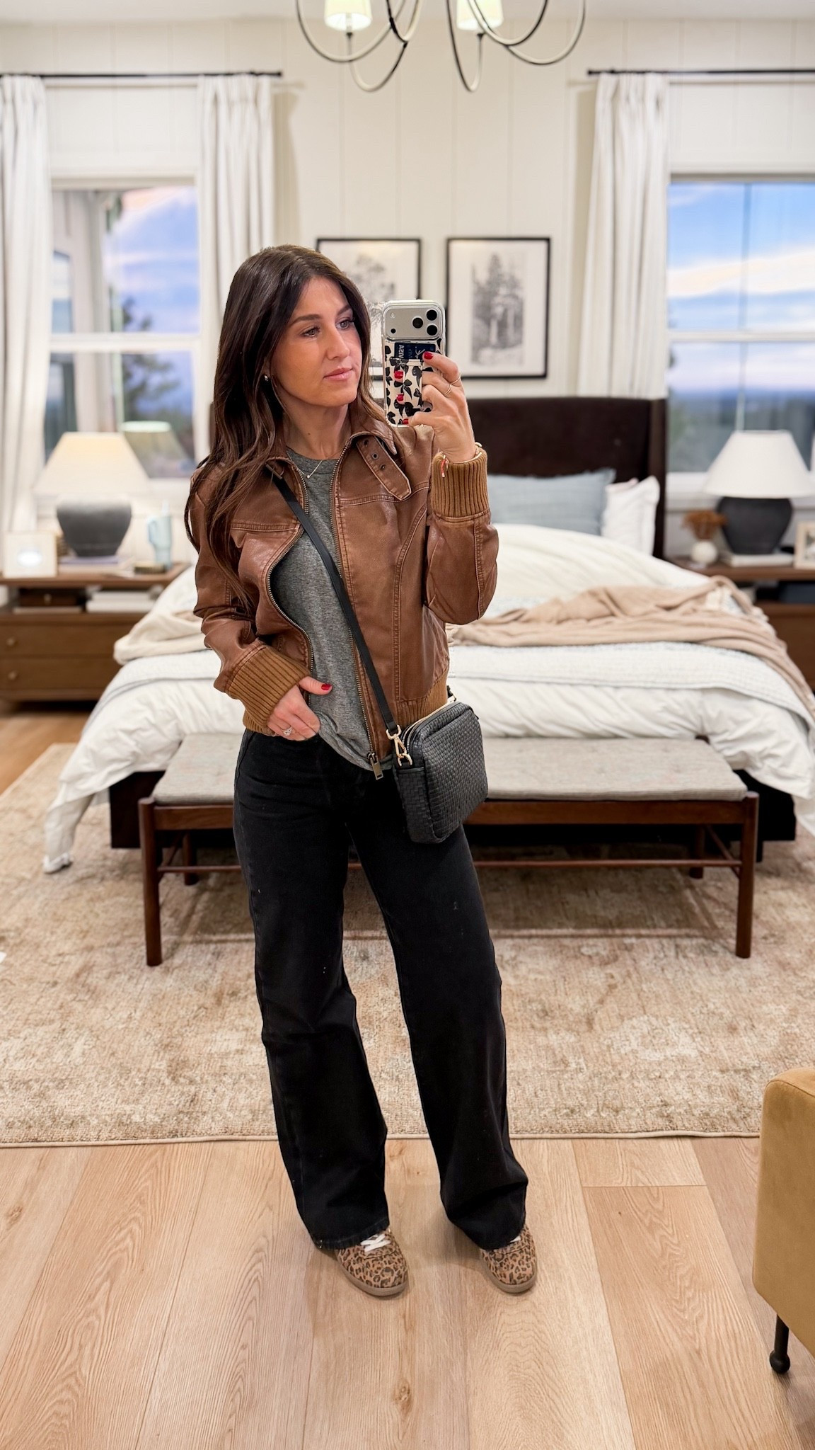 Date night look! Sushi & a hockey game.  Love this new bomber jacket from Abercrombie. It does run small, I sized up to a medium. Denim runs true to size. 

Jeans, denim, black jeans, Levi’s, sneakers, leopard, bomber jacket, faux leather, leather jacket, AF, cross body, quince, handbag, woven, vday, date night, valentine 

#LTKootd #LTKgrwm #LTKValentine