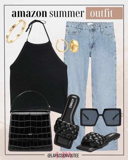 Embrace laid-back elegance with our summer must-haves: a trendy halter top paired with denim jeans, complemented by hoop earrings, a bangle bracelet, stylish sunglasses, a crossbody bag, and comfy slide sandals.

#LTKSeasonal #LTKstyletip #LTKfindsunder100
