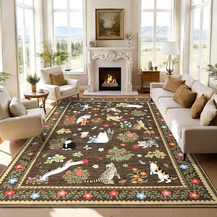 Garvee Living Room Cat Rug 9x12 Machine Washable Area Rugs with Non Slip Backing, Stain Resistant... | Amazon (US)