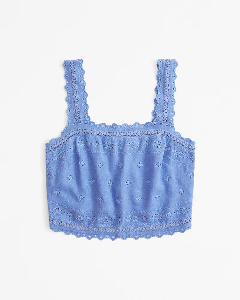 Abercrombie & Fitch Women's Linen-Blend Tie-Back Embroidered Set Top in Blue - Size L | Abercrombie & Fitch (US)