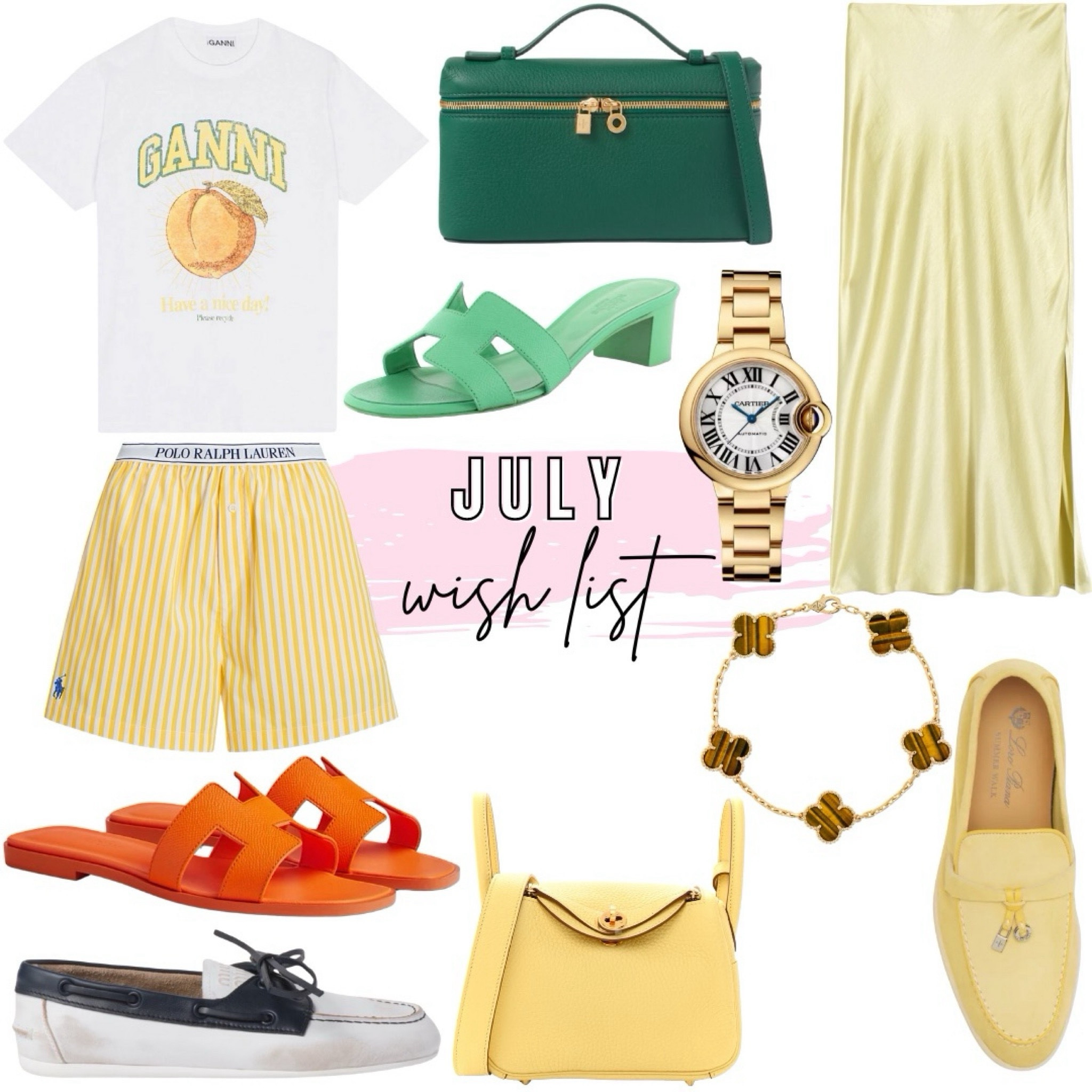 July wish list - satin yellow maxi skirt, gold Cartier watch, van cleef tiger eye 5 motif bracelet, Hermes mini Lindy, Ralph Lauren boxer shorts, ganni peach tee, miu miu boat shoes, Hermes Oran and oasis sandals  



#LTKStyleTip #LTKSeasonal #LTKFindsUnder100