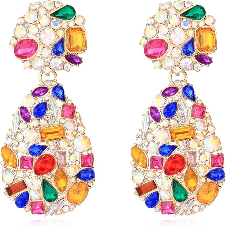 Crystals Teardrop Dangle Statement Earrings, Rhinestone Chandelier Fashion Earrings for Women KEL... | Amazon (US)