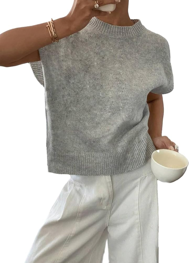 BLENCOT Womens Cap Sleeve Sweaters Summer Casual Short Sleeve Knit Tank Tops Loose Fit Crew Neck ... | Amazon (US)