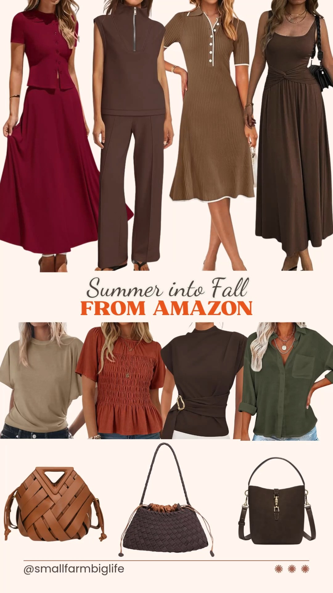 These summer into fall Amazon finds are perfect for easing into the new season without giving up warm weather style.
For dresses and sets, I am loving the wine red PRETTYGARDEN two piece skirt set for an easy vacation outfit, the light brown MEROKEETY ribbed midi sweater dress for a business casual look, and the coffee brown Mieazom mock knot maxi dress for something a little more elevated. The coffee brown matching lounge set is perfect for cozy days at home.
For tops, the khaki batwing tee and the army green linen feel button down shirt are great casual basics, and the rust smocked peplum blouse and coffee brown PRETTYGARDEN mock neck work top are perfect for a dressier occasion.
For bags, I am loving the cognac woven bucket crossbody, the chocolate brown suede woven hobo bag, and the coffee brown BOSTANTEN small bucket bag, all easy transitional accessories for fall. 

 #LTKootd #LTKOver40 #LTKWorkwear