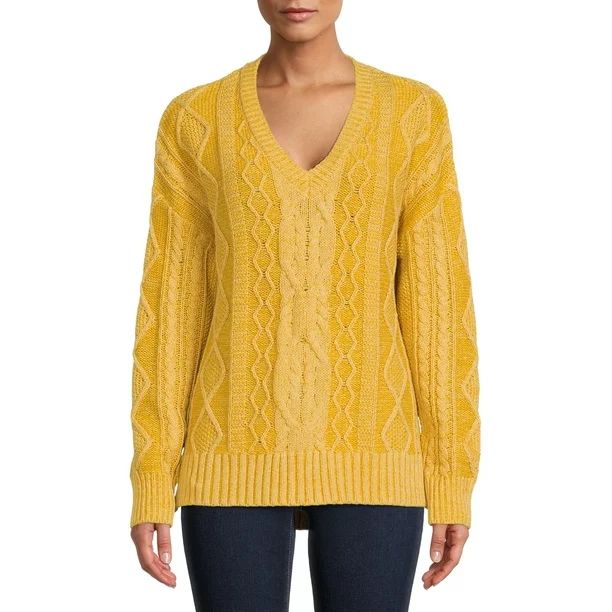 Time and Tru Women’s Cable Sweater with V-Neck - Walmart.com | Walmart (US)
