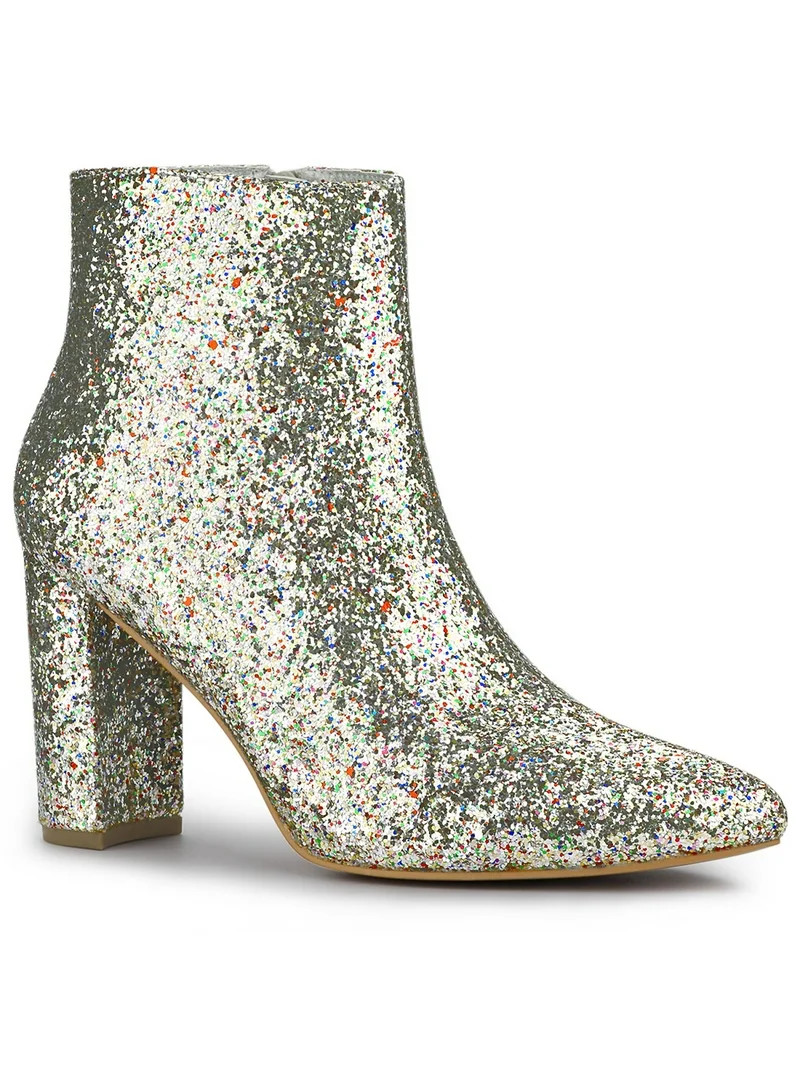 BLISSFUL STEP Women's Glitter Pointed Toe Block Heeled Ankle Boots Silver 8 | Walmart (US)