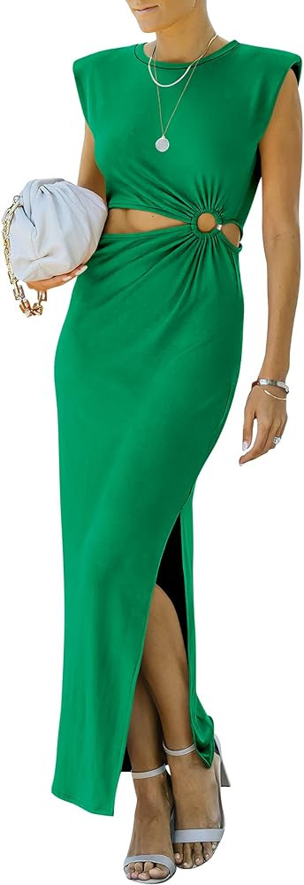Prinbara Women's Cut Out Padded Shoulder Split Side Crewneck Maxi Bodycon Party Club Dress | Amazon (US)