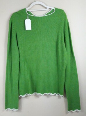 Made With Love Lagonlook Women's L Green/White Trim Scalloped Hem Cuffs Sweater   | eBay | eBay US