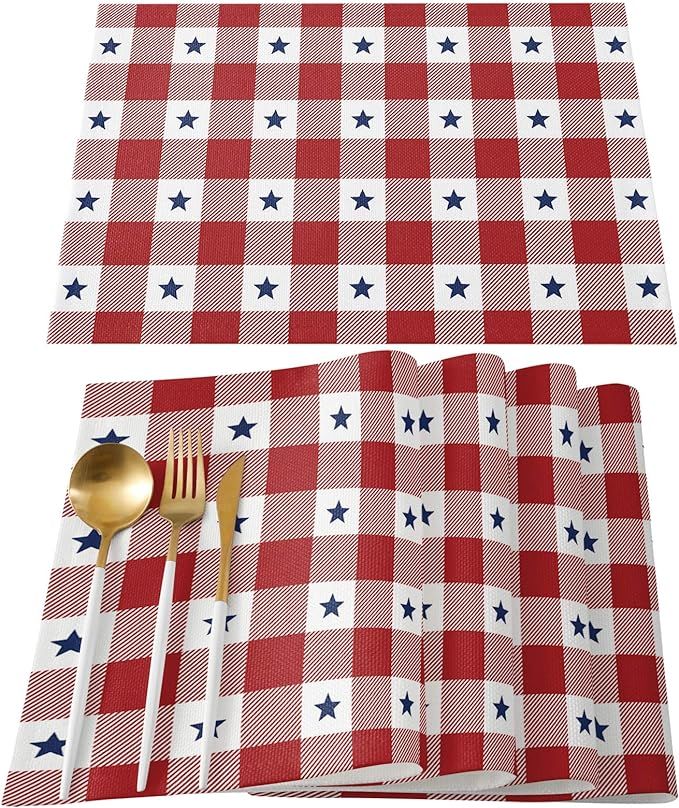 Independence Day Placemats Set of 6, July 4th Party Red White and Blue Star Check Heat-Resistant ... | Amazon (US)