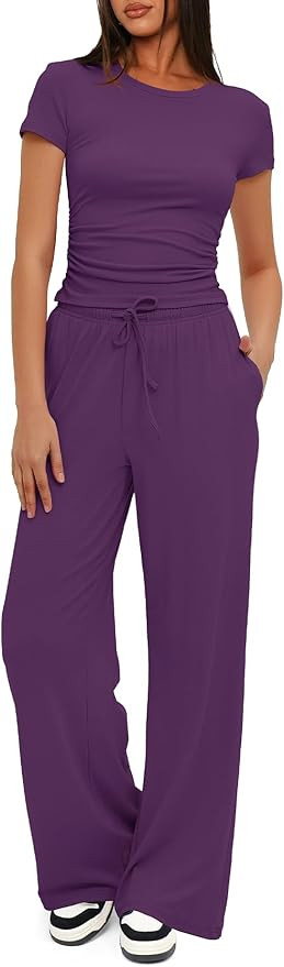 Darong Women's 2 Piece Summer Outfits Lounge Sets Side Ruched Short Sleeve Crop Top & Wide Leg Pa... | Amazon (US)