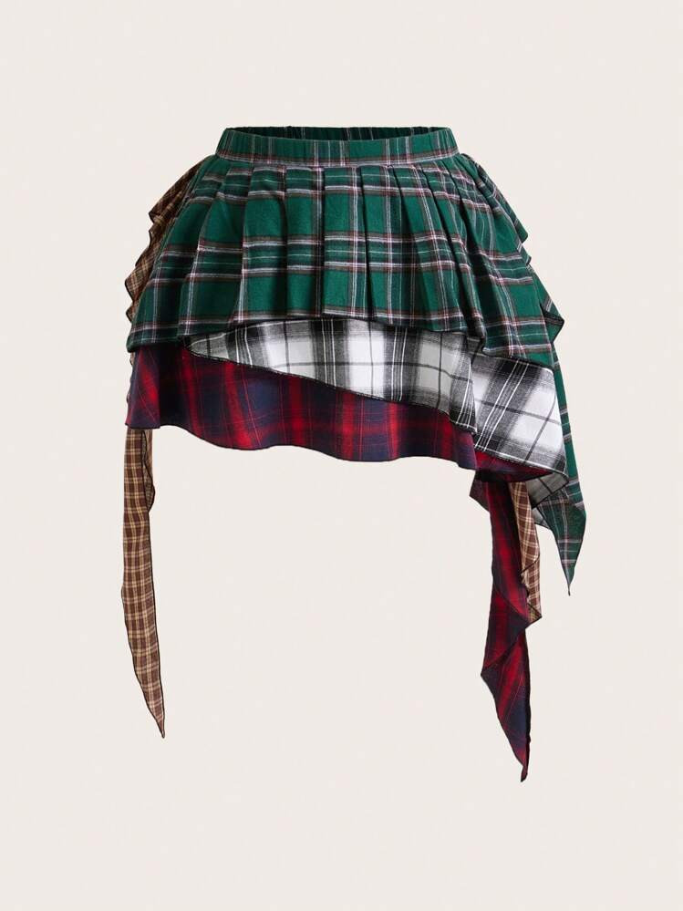 SHEIN ICON Plus Size Asymmetrical Plaid Patchwork Pleated Skirt | SHEIN