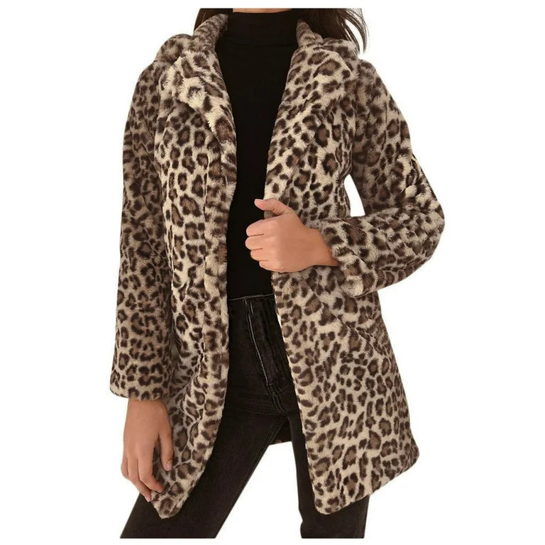 Women coat Women's Leopard Faux-Fur  Imitation Lapel Long Sleeve Coat Outwear Coat Jacket | Walmart (US)