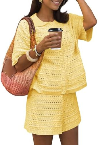 Fisoew Womens Summer 2 Piece Crochet Beach Outfit Cover Ups Button Cardigan Loose Knit Shorts Set... | Amazon (US)