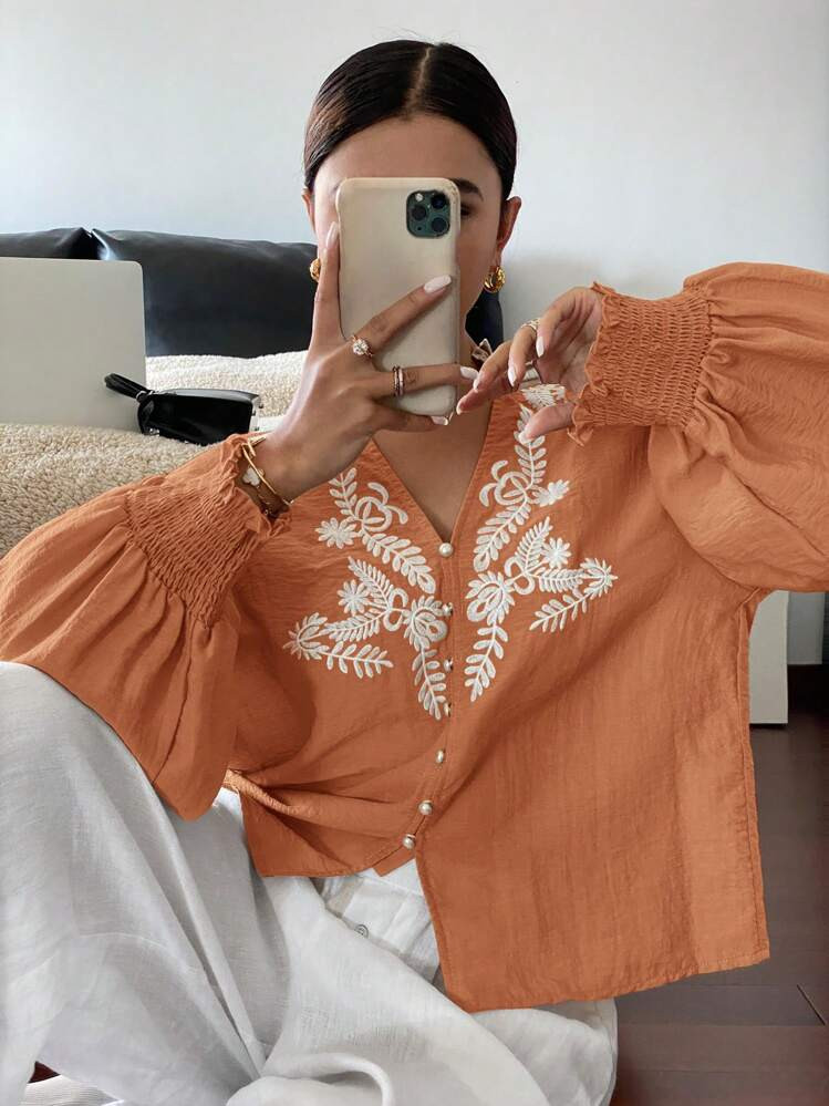 Serisse Camisa Informal Con Botones Y Bordado Floral Blanco Para Vacaciones De Mujer | SHEIN