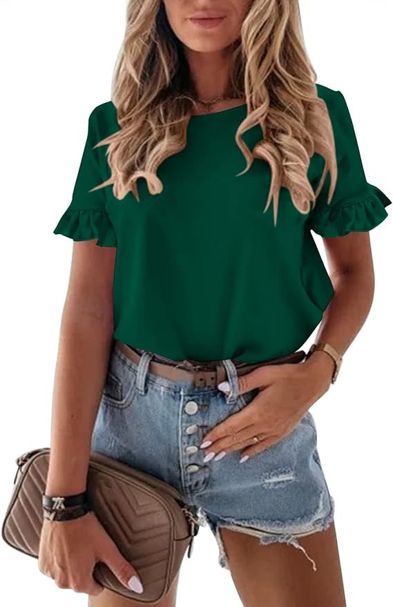 PRETTYGARDEN Women's Short Sleeve Casual T Shirts Summer Ruffle Plain Round Neck Loose Fit Tee Bl... | Amazon (US)