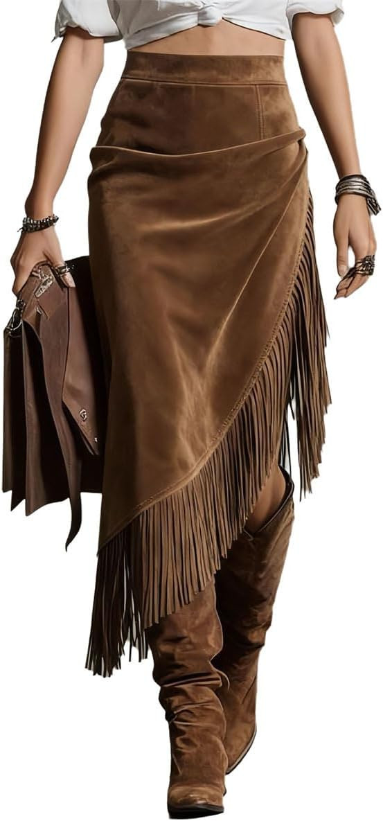 Womens Faux Suede Midi Skirts High Waist Tassel Asymmetric Hem Going Out Holiday Vintage Western ... | Amazon (US)
