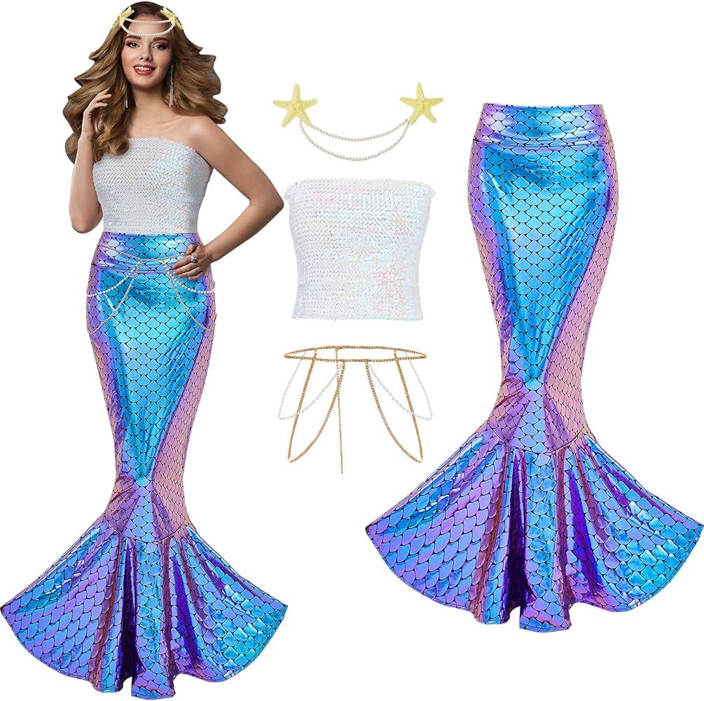 Newcotte 4 Pcs Mermaid Costume for Women Sequin Tube Top Skirt Pearl Waist and Head Chain for Hal... | Amazon (US)