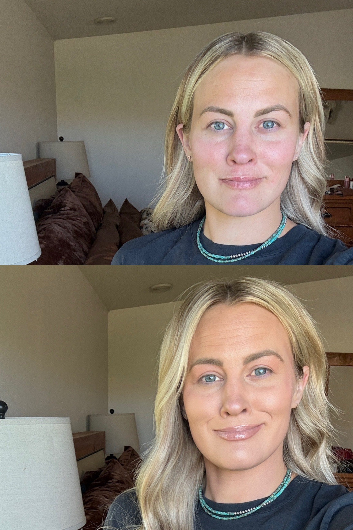 Before + After, with *mostly* Clean Beauty! 

For the last 6 months, I’ve switched 90% of my makeup to Ilia products, and I am loving the results! Their multi-stick, bronzer and highlighter are all so versatile, I often use them together in place of eyeshadow! 

Clean Beauty: 
Ilia Skin Complexion Stick - Sugi 22N
Ilia Multi-Stick - Tenderly + Stella by Starlight 
Ilia Sunshift Cream Bronzer - Ray 
Ilia Lip Sketch Crayon - Banquette 
Saie Slip Tint Baked Setting Powder - Translucent 2
Kosas Revealer Concealer- Tone 4.5 N

Not “Clean”: 
Anastasia Brow Powder - Taupe 

Other Products I Own (but aren’t used here specifically): 
Ilia Multi-Stick - Lady Bird 
Ilia Lightshift Cream Highlighter - Arc + Glint 