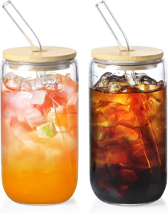 2 Pack Glass Cups with Bamboo Lids and Straws 16 oz, Gifts for Women, Drinking glasses set, Iced ... | Amazon (US)