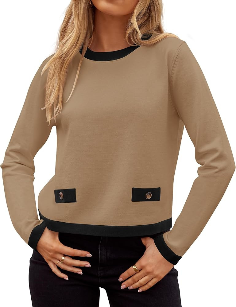 ZESICA Women's Fall Sweaters 2024 Long Sleeve Crewneck Knit Color Block Lightweight Pullover Tops... | Amazon (US)