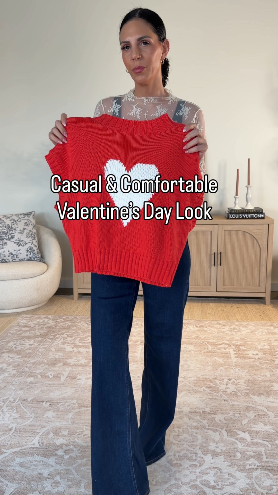 Love a lace top and to add a festive touch, a cute sweater over it is perfection. 
Lace top- medium 
Sweater- medium 
Denim - size 4 

#LTKU #LTKValentine #LTKOver40