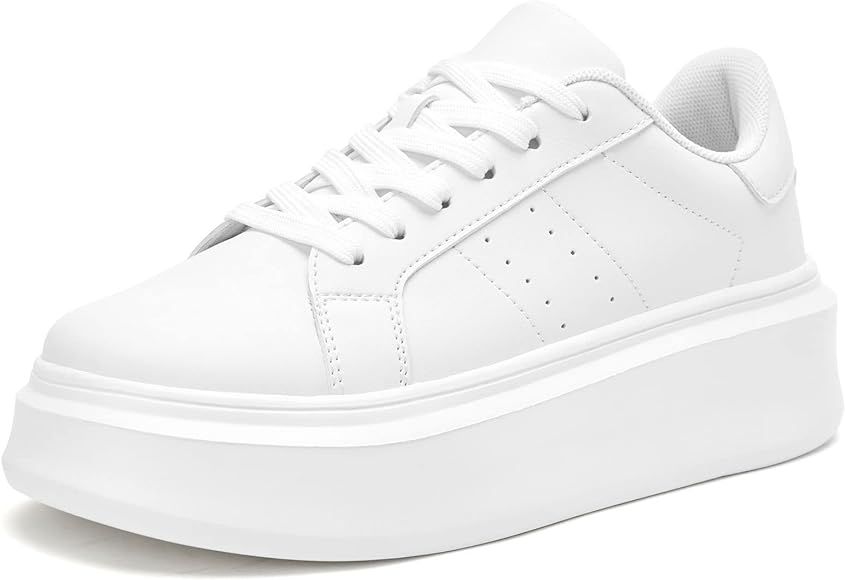 Akk White Platform Sneakers for Women - Ultra Lightweight Classic Leather Walking Tennis Shoes Co... | Amazon (US)