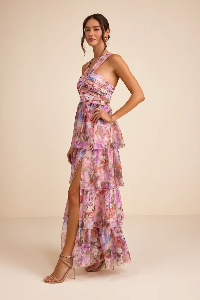 Dayanara Pink Multi Floral Organza Tiered Maxi Dress | Lulus