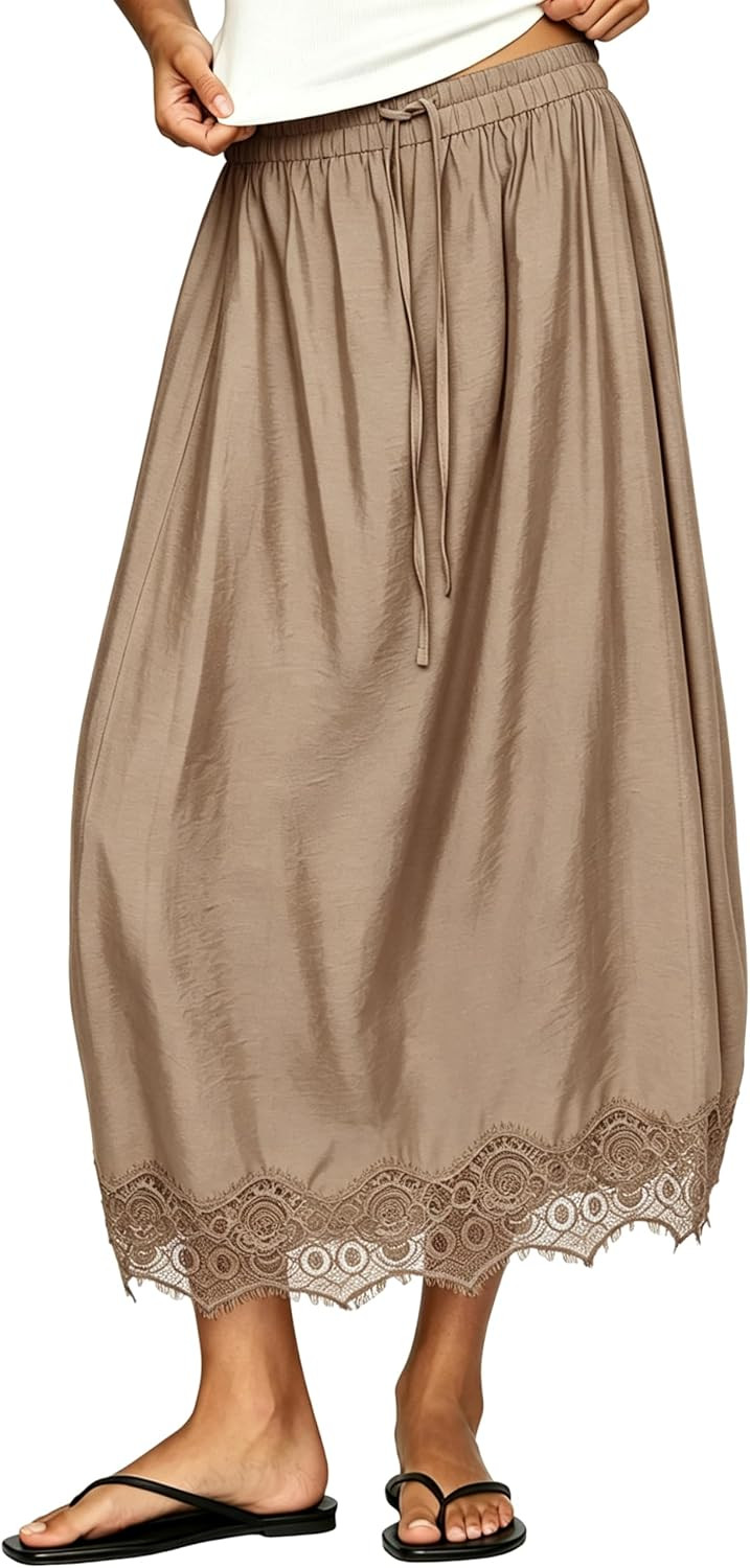 Yidarer Women's Lace Hem Maxi Skirt A-Line Elastic High Waist | Amazon (US)