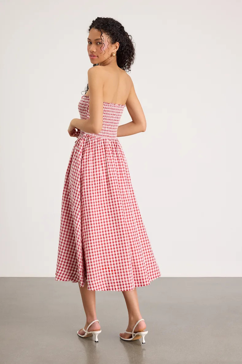Clementina Red Gingham Smocked Midi Dress | Lulus