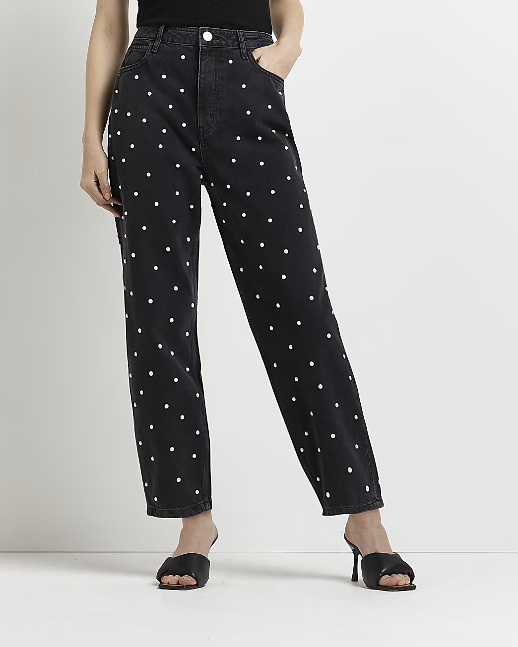 Black embellished high waisted tapered jeans | River Island (UK & IE)