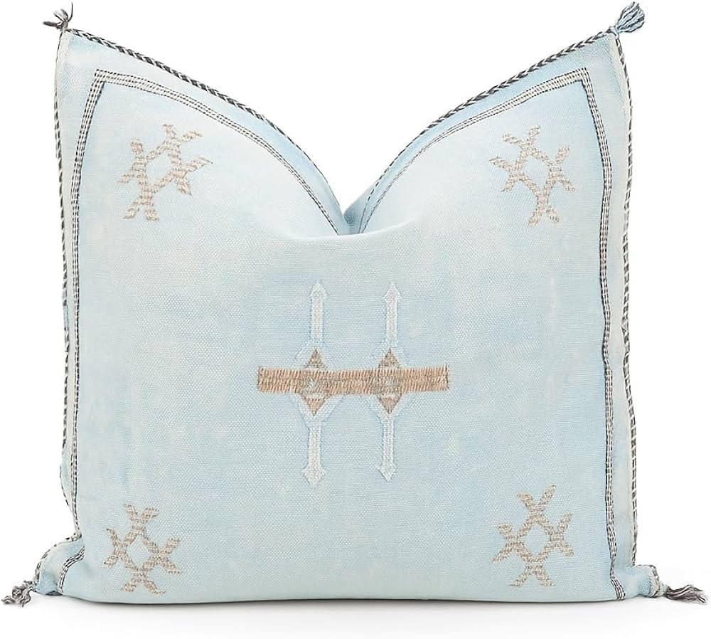 Decorative 20x20 Cactus Silk Pillow Cover – Handwoven Square Moroccan Accent Pillow (Sky Blue) | Amazon (US)