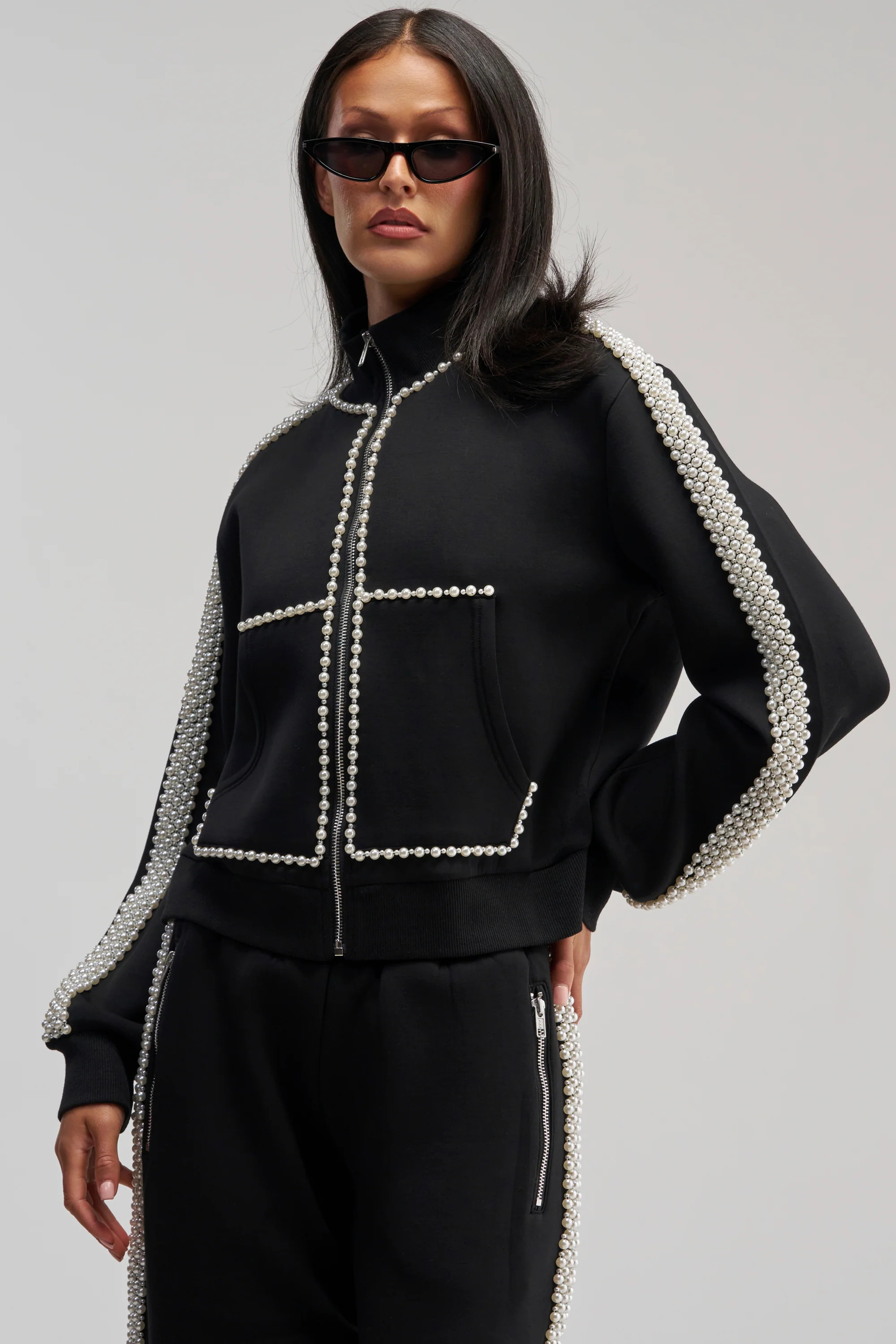 Pearl Embellished Zip Up Sweatshirt, Oversized | AKIRA | AKIRA