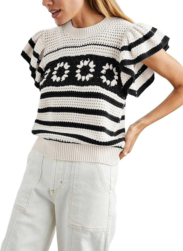 Yeokou Womens Crochet Sweater Top Short Flutter Sleeve Crew Neck Summer Casual Knit Tank Pullover... | Amazon (US)