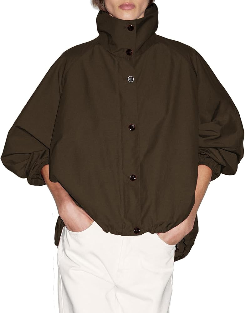 Women Bomber Jacket Casual Long Sleeve High Neck Zip Up Button Puff Fall Coats Lightweight Street... | Amazon (US)