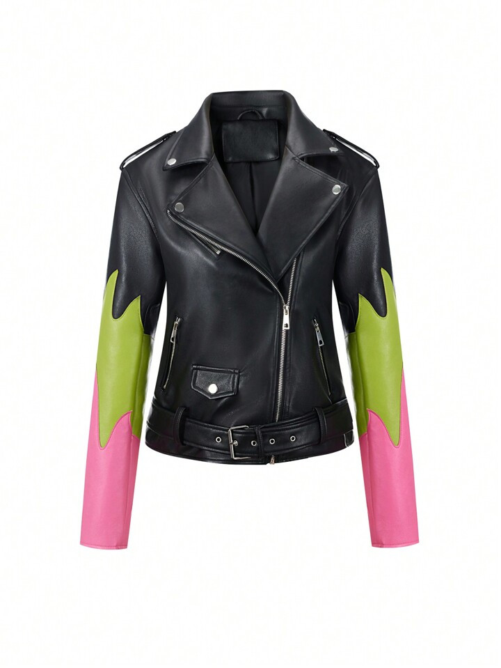 Women's Spring & Autumn Pu Leather Jacket, With Double Sleeves And Colorful Motorcycle Style | SHEIN