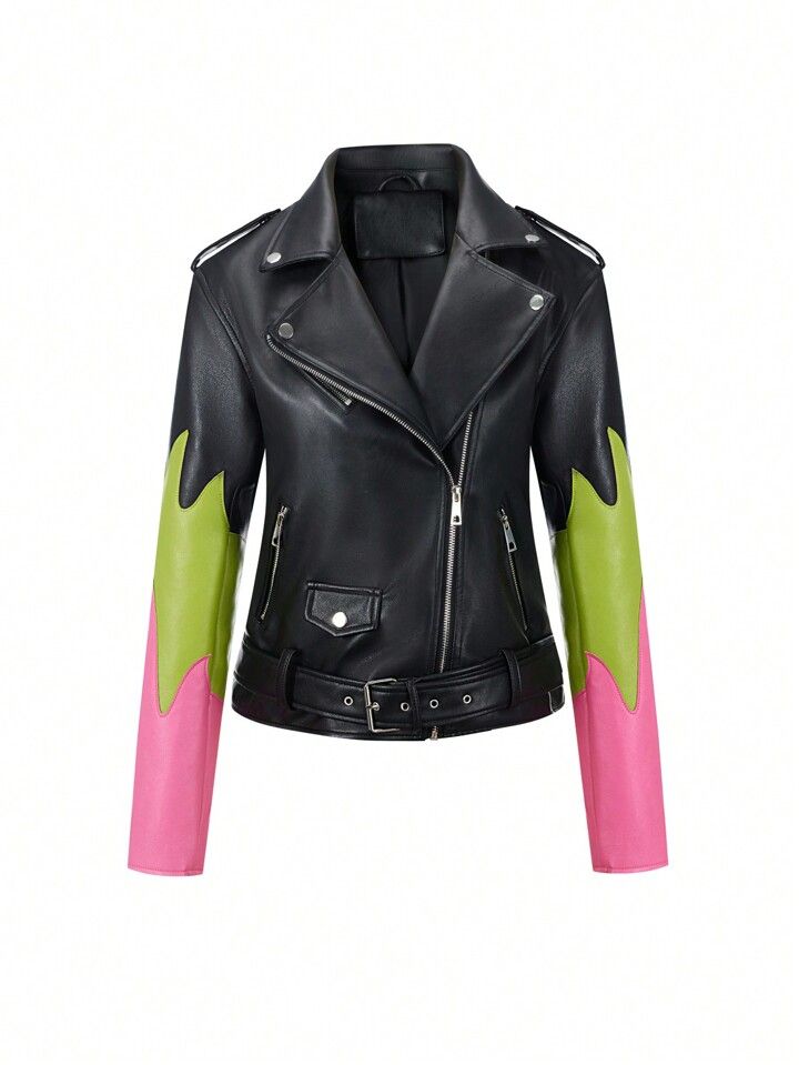 Women's Spring & Autumn Pu Leather Jacket, With Double Sleeves And Colorful Motorcycle Style | SHEIN