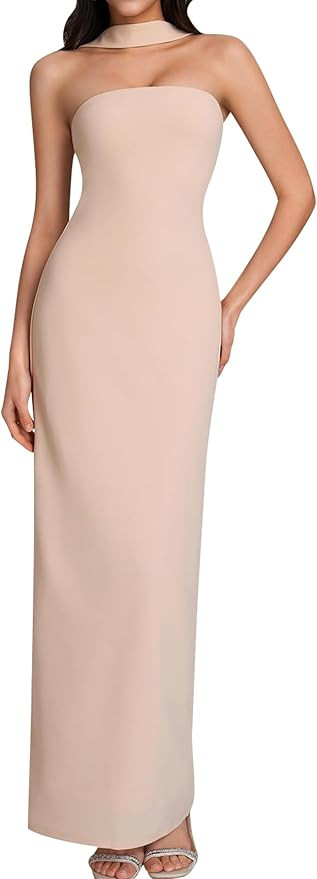 HTZMO Women Elegant Summer Bodycon Maxi Dress Halter Neck Formal Wedding Guest Cocktail Party Lon... | Amazon (US)