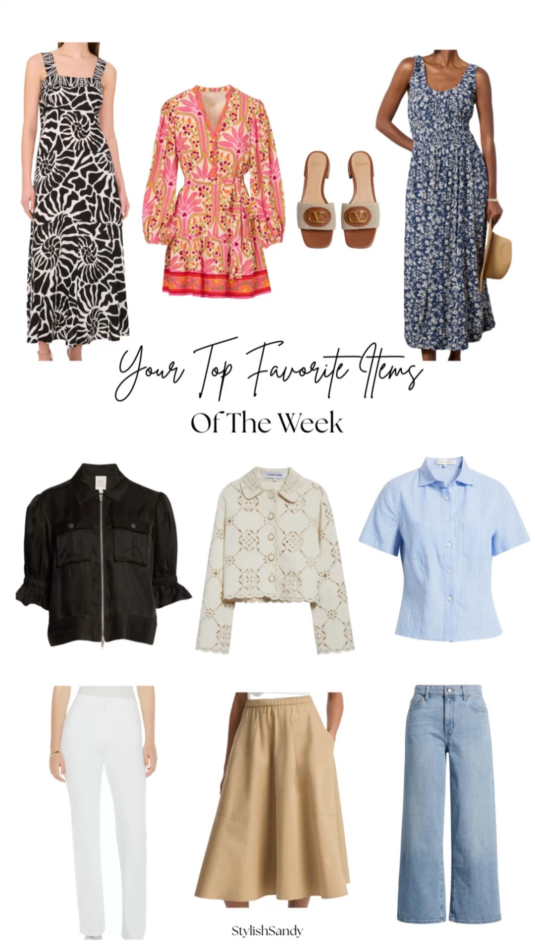Your favorite items of the week. 

Summer dress fits tts.
Pink summer dress fits tts.
Blue and tan summer dress fits tts   A little roomy up top. 
Valentino slides fit tts.
Black holly top/coat fits tts.
White cut-out jacket fits tts. 
Blue button up fits tts.
White jeans fit tts. 
Shirt fits tts.
Jeans fit tts. 

#LTKPetite #LTKSeasonal #LTKOver40