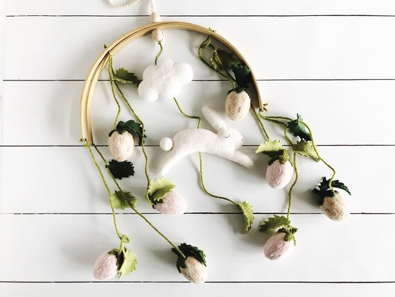 Bunny in a Strawberry Patch Baby Mobile, Hand-Sewn Felt and Needle-Felted with Embroidered Detail... | Etsy (US)