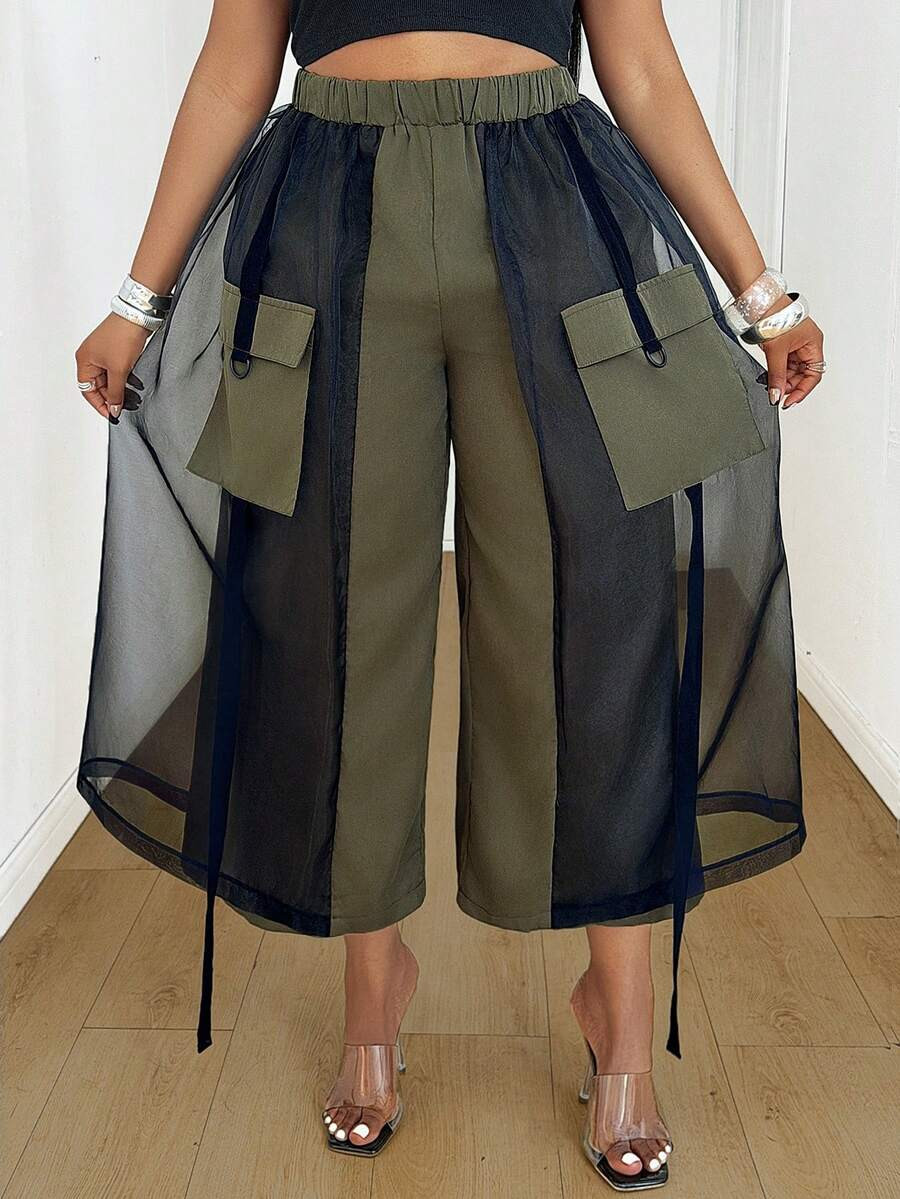 Maweii Plus Size Women's Summer Military Green Elastic Waist Pocket Mesh Patchwork 3/4 Length Wid... | SHEIN