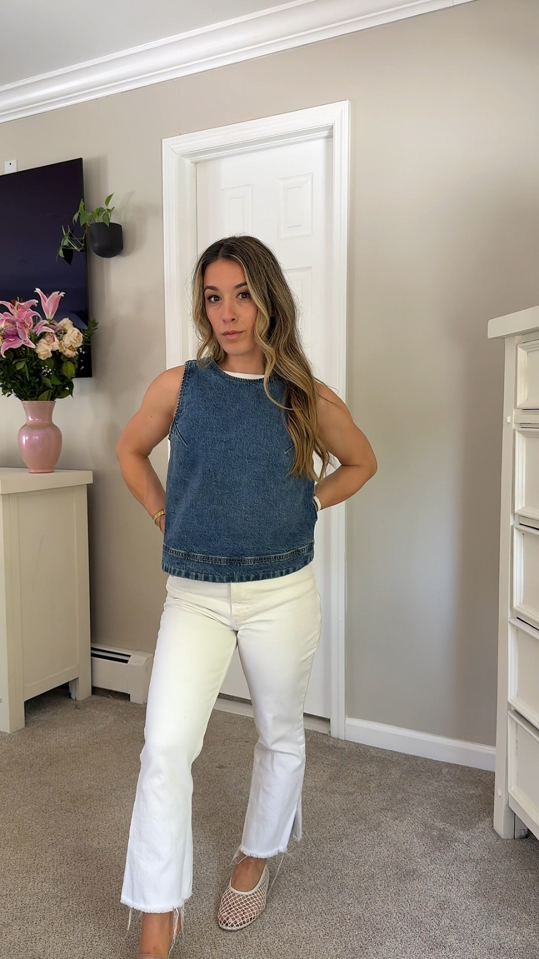 Summer outfit inspo 

Coastal-inspired details for summer 🤍 denim shell top, the sweetest woven bag, and mesh flats I’ll be wearing on repeat. Effortless, feminine, and lightweight.


Fit 
Top xs
Tank under xs 
Denim (old Abercrombie similar linked **)
Mesh flats: I feel I could go a half size down ** which is what I would suggest.
I have wide feet and would prefer a size down to minimize foot slipping out 


denim shell top outfit, woven summer handbag, mesh ballet flats, Marc Fisher mesh flats, chic summer outfit ideas, effortless neutral style, elevated casual outfit, feminine summer fashion, white jeans outfit, coastal chic style, classy everyday outfit, lightweight summer layers, minimal style inspiration, casual elegant fashion, spring to summer outfit ideas, capsule wardrobe staples, European summer aesthetic, structured denim top, everyday chic look, neutral fashion inspo
#abercrombiepartner
@abercrombie #marcfisherltd

#LTKootd #LTKPetite #LTKgrwm