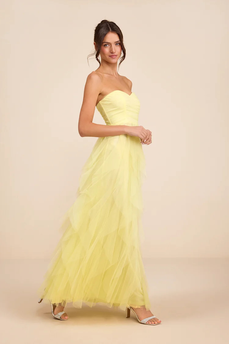 Delightful Beauty Yellow Strapless Ruched Ruffled Maxi Dress | Lulus