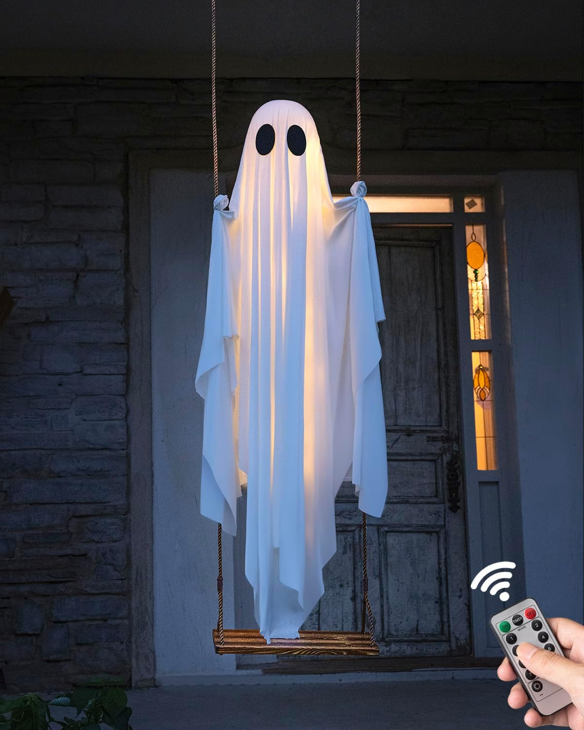 Halloween Decorations Outdoor - 5 FT Large Hanging Swing Ghost Halloween Decor with String Lights - Spooky Cute Ghosts Decorations for Front Porch Yard Tree | Amazon (US)