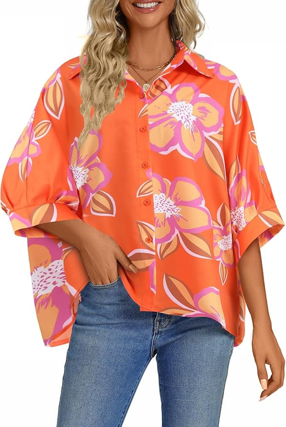 Vrtige Women's Casual Stripe Button Down Collar V Neck Half Sleeve Loose Blouse Shirt Top | Amazon (US)