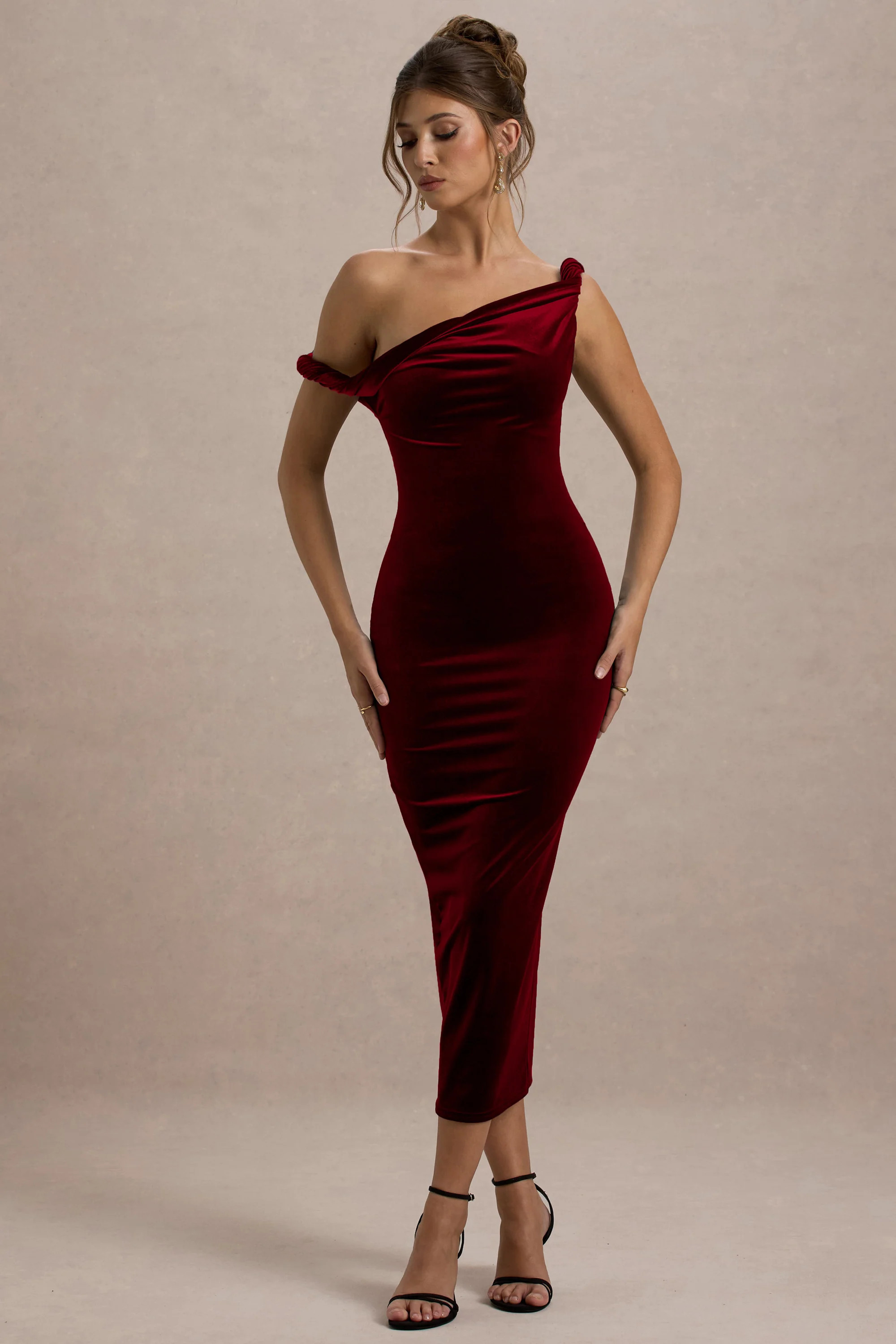 Carella  Berry Velvet Twisted Asymmetric Midi Dress | Club L London